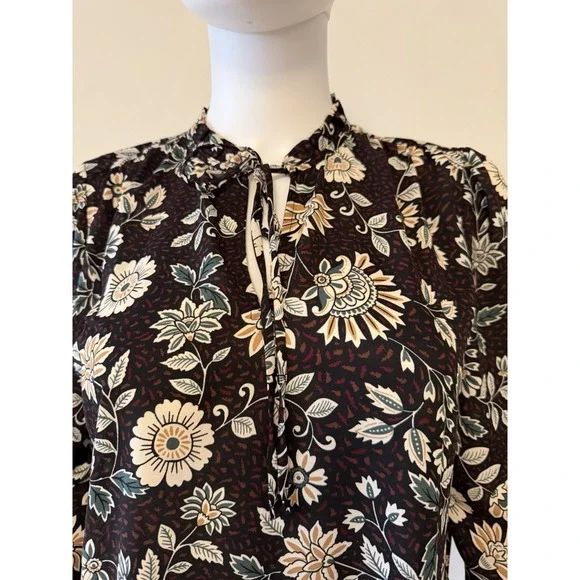 LOFT Women's Petite Floral Tie Neck Blouse Black Long Sleeve Size SP - Picture 3 of 13